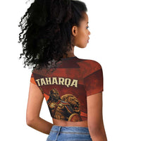 Taharqa Raglan Cropped T shirt with Warrior Portrait, Lion of Kush Title and Bold Red Defender of Africa - Wonder Print Shop