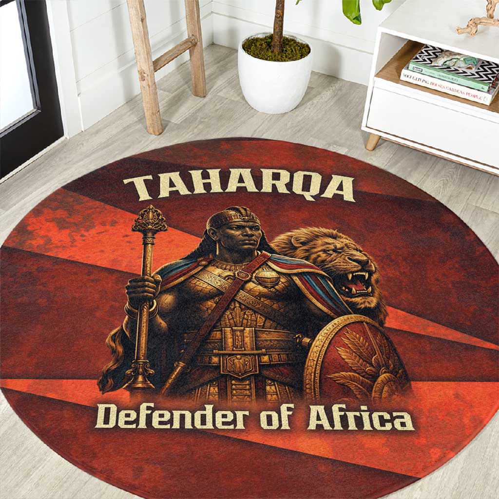 Taharqa Round Carpet with Warrior Portrait, Lion of Kush Title and Bold Red Defender of Africa - Wonder Print Shop