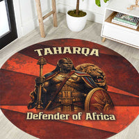Taharqa Round Carpet with Warrior Portrait, Lion of Kush Title and Bold Red Defender of Africa - Wonder Print Shop