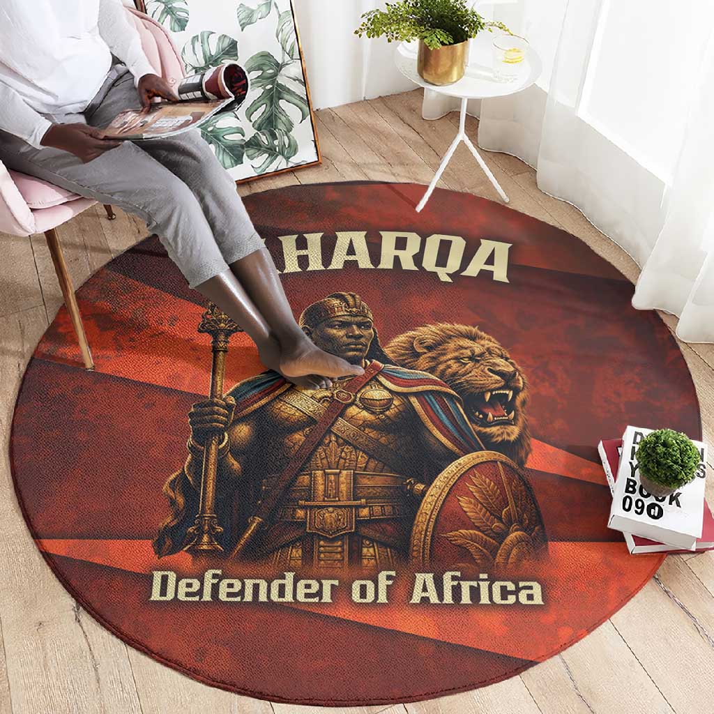 Taharqa Round Carpet with Warrior Portrait, Lion of Kush Title and Bold Red Defender of Africa - Wonder Print Shop