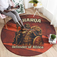 Taharqa Round Carpet with Warrior Portrait, Lion of Kush Title and Bold Red Defender of Africa - Wonder Print Shop