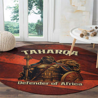 Taharqa Round Carpet with Warrior Portrait, Lion of Kush Title and Bold Red Defender of Africa - Wonder Print Shop