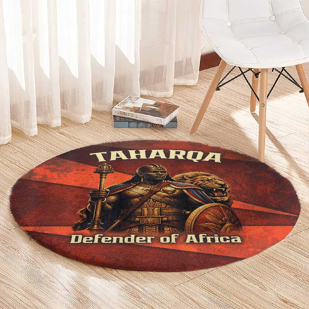 Taharqa Round Carpet with Warrior Portrait, Lion of Kush Title and Bold Red Defender of Africa - Wonder Print Shop