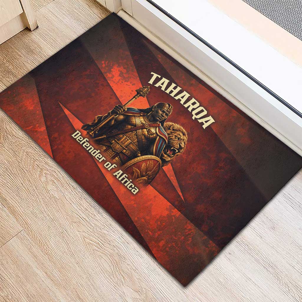 Taharqa Rubber Doormat with Warrior Portrait, Lion of Kush Title and Bold Red Defender of Africa - Wonder Print Shop