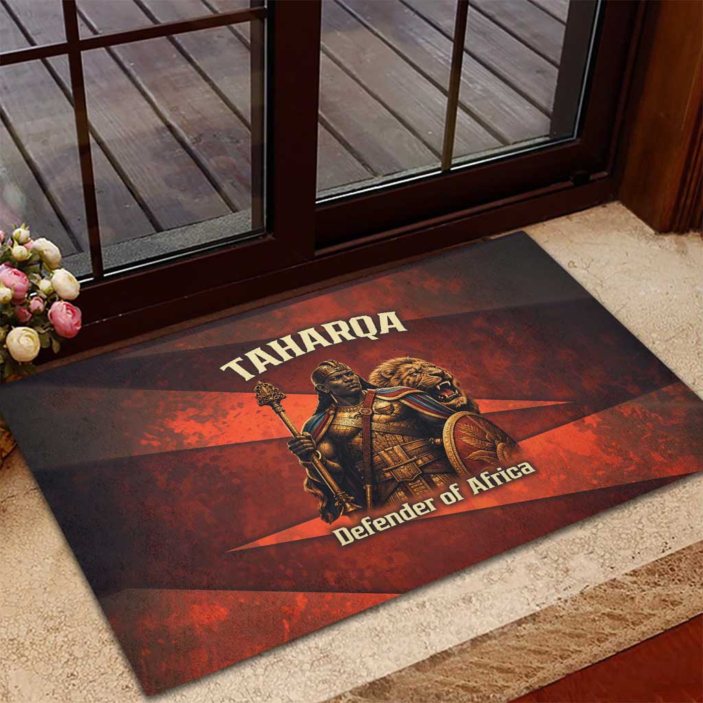 Taharqa Rubber Doormat with Warrior Portrait, Lion of Kush Title and Bold Red Defender of Africa - Wonder Print Shop