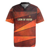 Taharqa Rugby Jersey with Warrior Portrait, Lion of Kush Title and Bold Red Defender of Africa - Wonder Print Shop
