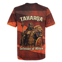 Taharqa Rugby Jersey with Warrior Portrait, Lion of Kush Title and Bold Red Defender of Africa - Wonder Print Shop