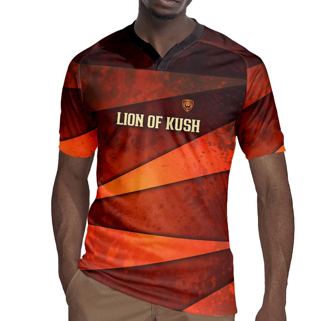 Taharqa Rugby Jersey with Warrior Portrait, Lion of Kush Title and Bold Red Defender of Africa - Wonder Print Shop