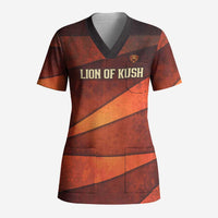 Taharqa Scrub Top with Warrior Portrait, Lion of Kush Title and Bold Red Defender of Africa - Wonder Print Shop