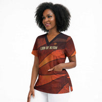 Taharqa Scrub Top with Warrior Portrait, Lion of Kush Title and Bold Red Defender of Africa - Wonder Print Shop