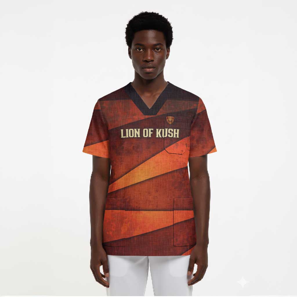 Taharqa Scrub Top with Warrior Portrait, Lion of Kush Title and Bold Red Defender of Africa - Wonder Print Shop