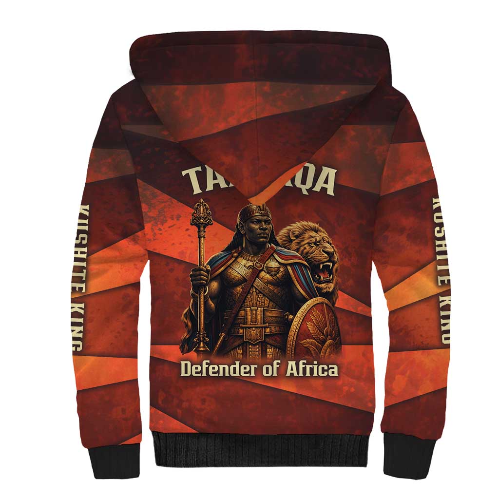 Taharqa Sherpa Hoodie with Warrior Portrait, Lion of Kush Title and Bold Red Defender of Africa - Wonder Print Shop