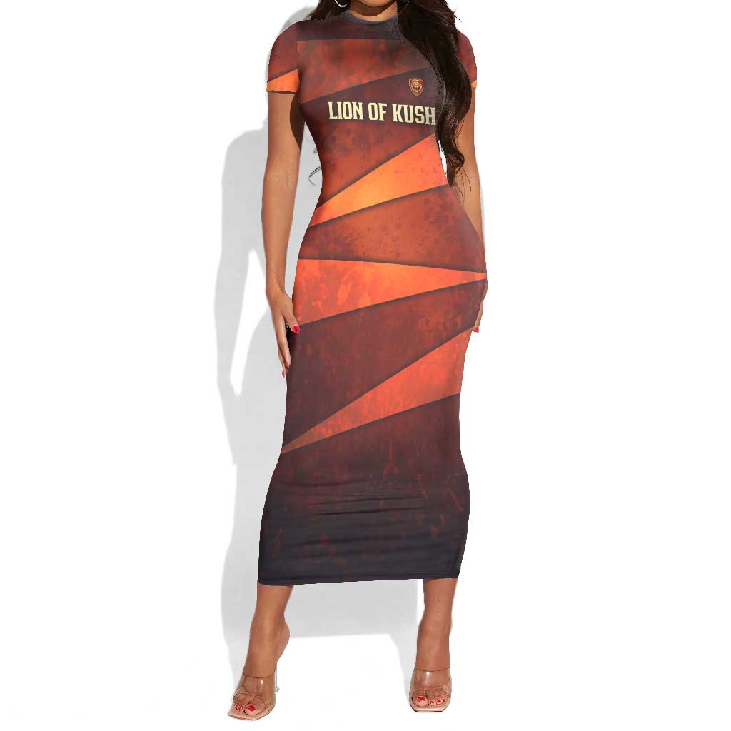 Taharqa Short Sleeve Bodycon Dress with Warrior Portrait, Lion of Kush Title and Bold Red Defender of Africa - Wonder Print Shop