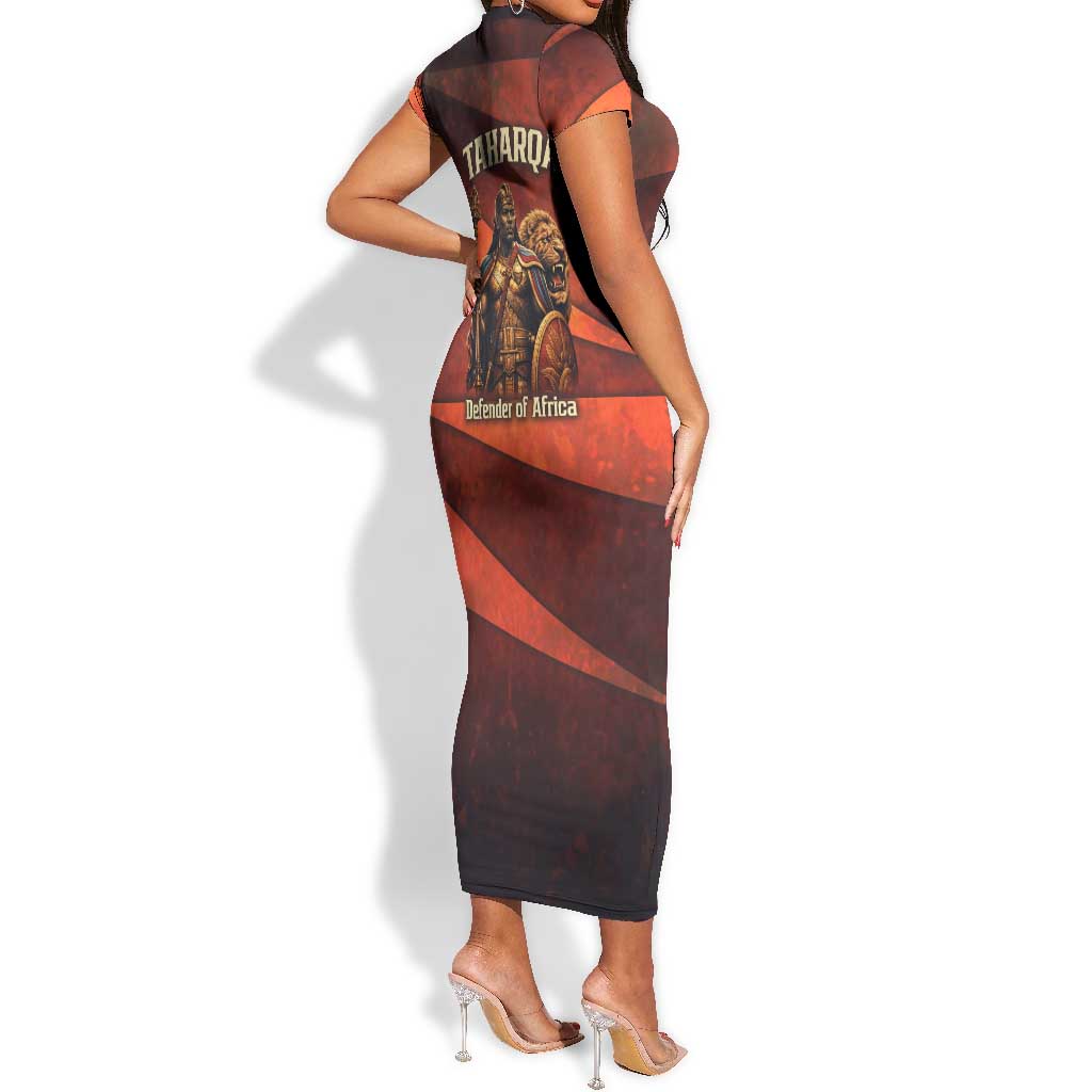 Taharqa Short Sleeve Bodycon Dress with Warrior Portrait, Lion of Kush Title and Bold Red Defender of Africa - Wonder Print Shop