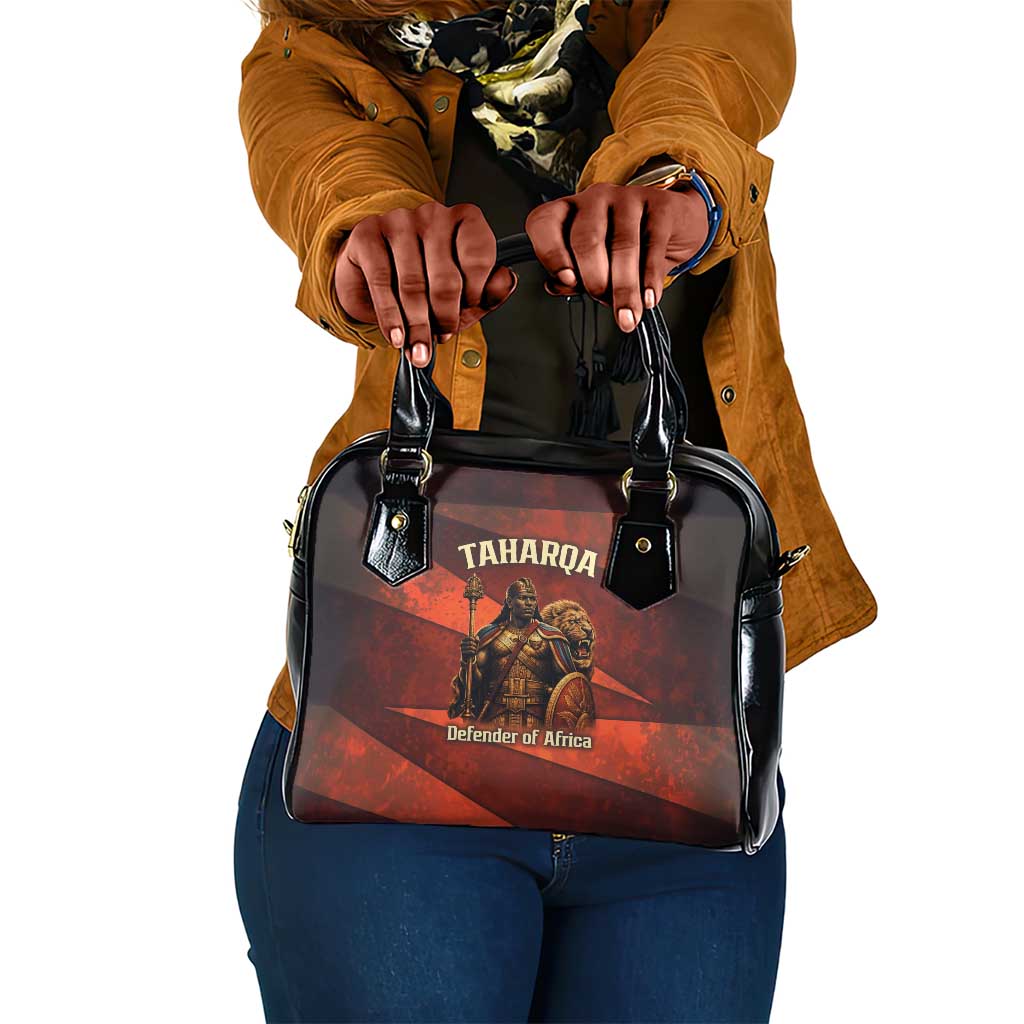 Taharqa Shoulder Handbag with Warrior Portrait, Lion of Kush Title and Bold Red Defender of Africa - Wonder Print Shop