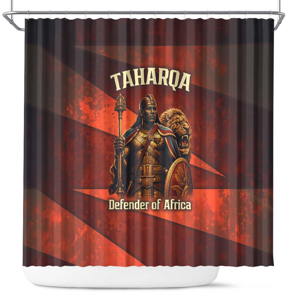 Taharqa Shower Curtain with Warrior Portrait, Lion of Kush Title and Bold Red Defender of Africa - Wonder Print Shop