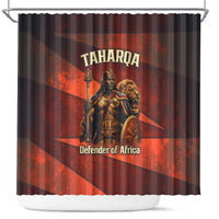Taharqa Shower Curtain with Warrior Portrait, Lion of Kush Title and Bold Red Defender of Africa - Wonder Print Shop