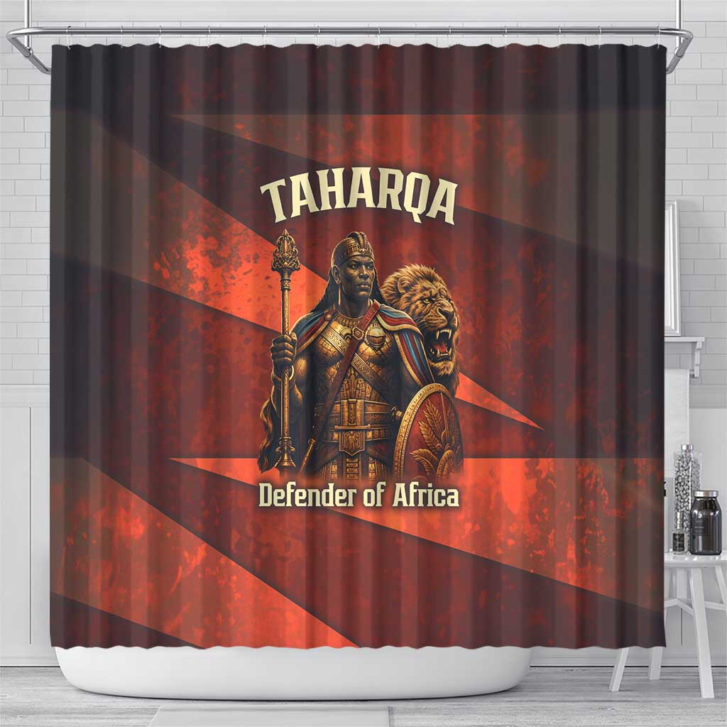 Taharqa Shower Curtain with Warrior Portrait, Lion of Kush Title and Bold Red Defender of Africa - Wonder Print Shop