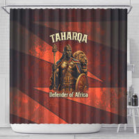 Taharqa Shower Curtain with Warrior Portrait, Lion of Kush Title and Bold Red Defender of Africa - Wonder Print Shop