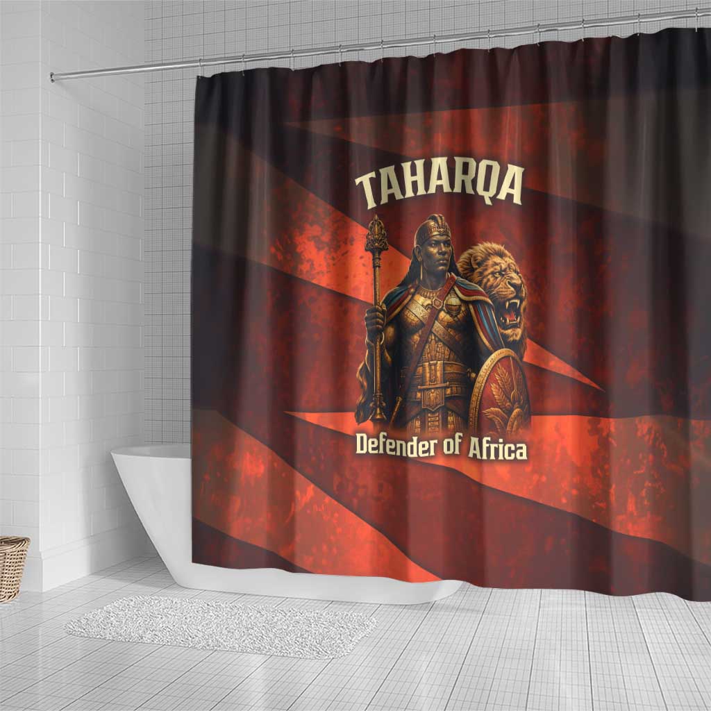 Taharqa Shower Curtain with Warrior Portrait, Lion of Kush Title and Bold Red Defender of Africa - Wonder Print Shop