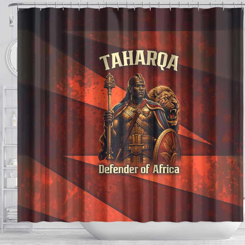 Taharqa Shower Curtain with Warrior Portrait, Lion of Kush Title and Bold Red Defender of Africa - Wonder Print Shop