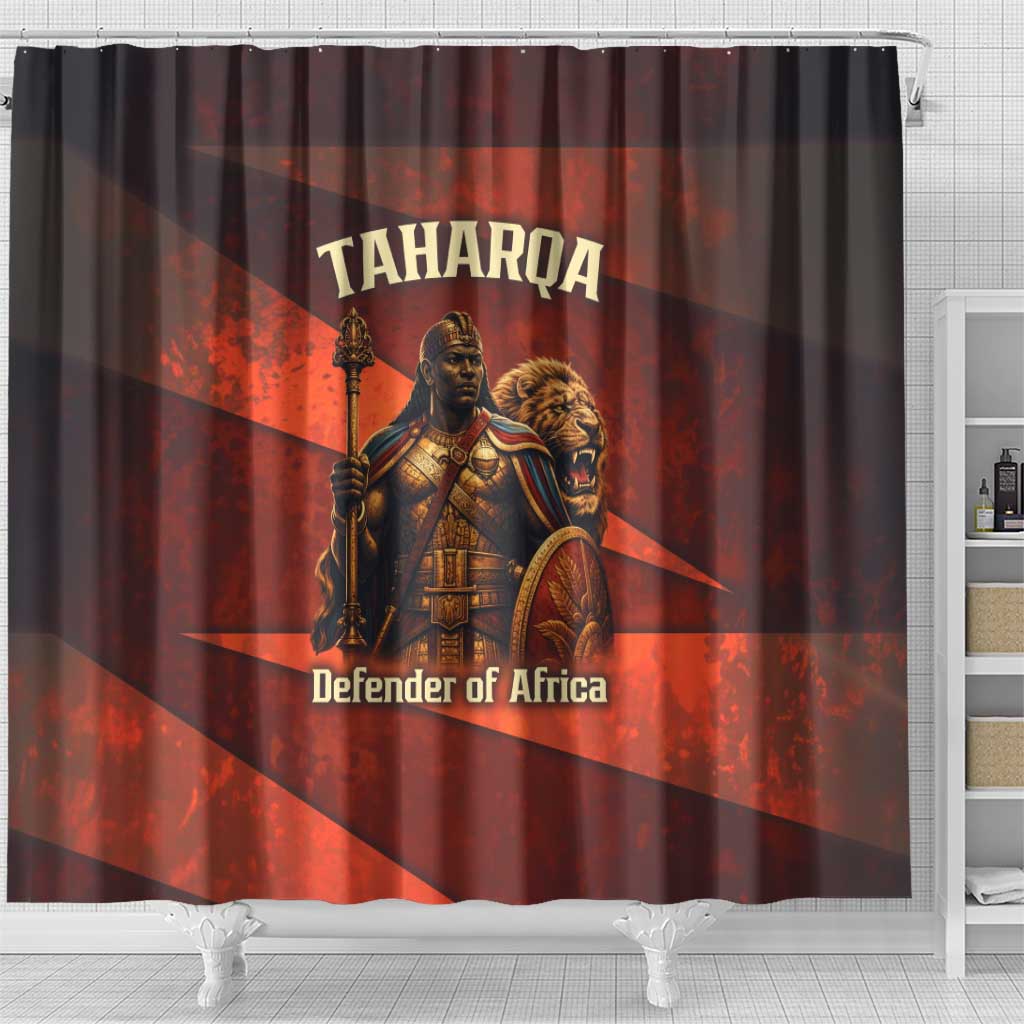 Taharqa Shower Curtain with Warrior Portrait, Lion of Kush Title and Bold Red Defender of Africa - Wonder Print Shop