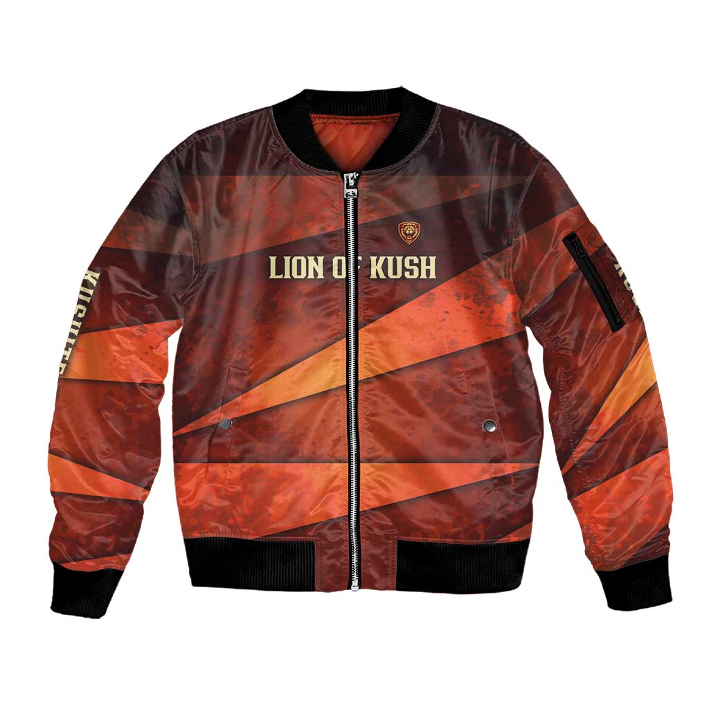 Taharqa Sleeve Zip Bomber Jacket with Warrior Portrait, Lion of Kush Title and Bold Red Defender of Africa - Wonder Print Shop