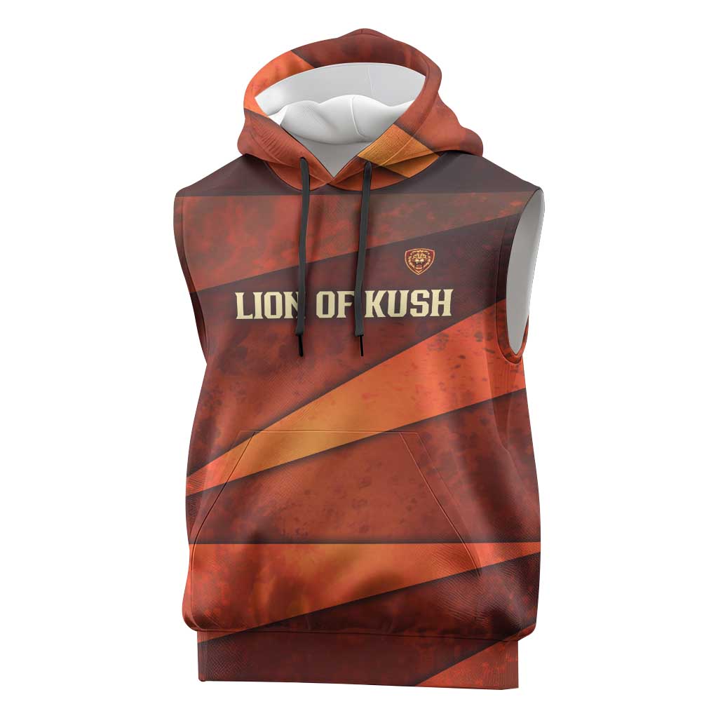 Taharqa Sleeveless Hoodie with Warrior Portrait, Lion of Kush Title and Bold Red Defender of Africa - Wonder Print Shop