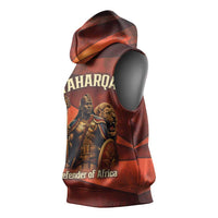 Taharqa Sleeveless Hoodie with Warrior Portrait, Lion of Kush Title and Bold Red Defender of Africa - Wonder Print Shop