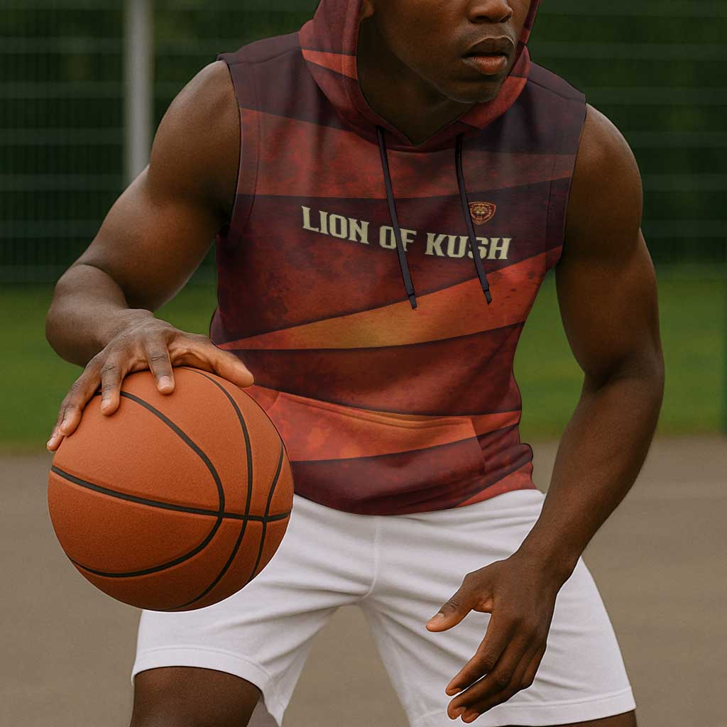 Taharqa Sleeveless Hoodie with Warrior Portrait, Lion of Kush Title and Bold Red Defender of Africa - Wonder Print Shop