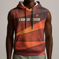 Taharqa Sleeveless Hoodie with Warrior Portrait, Lion of Kush Title and Bold Red Defender of Africa - Wonder Print Shop