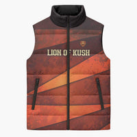 Taharqa Sleeveless Puffer Jacket with Warrior Portrait, Lion of Kush Title and Bold Red Defender of Africa - Wonder Print Shop