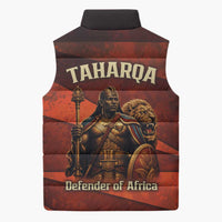 Taharqa Sleeveless Puffer Jacket with Warrior Portrait, Lion of Kush Title and Bold Red Defender of Africa - Wonder Print Shop