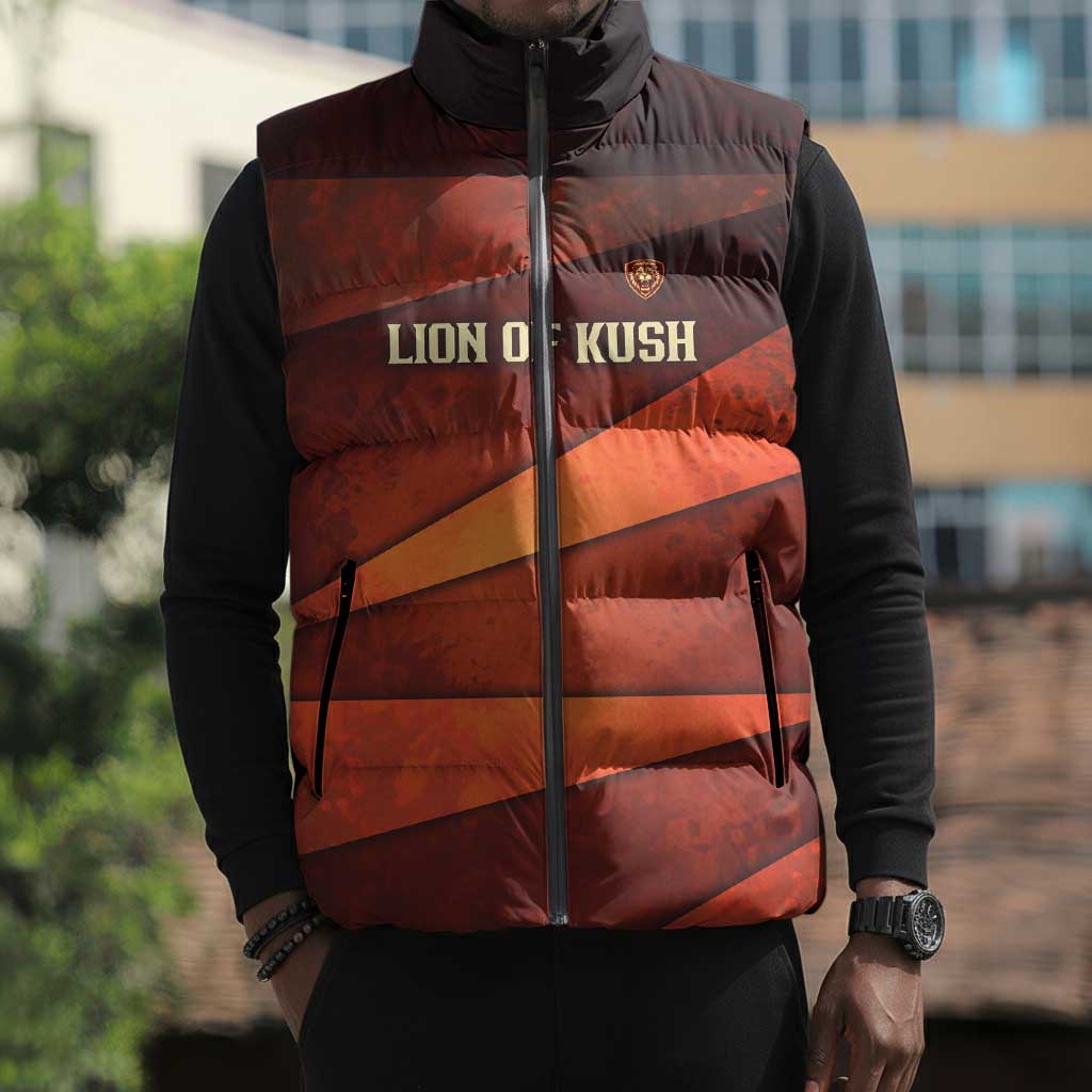 Taharqa Sleeveless Puffer Jacket with Warrior Portrait, Lion of Kush Title and Bold Red Defender of Africa - Wonder Print Shop