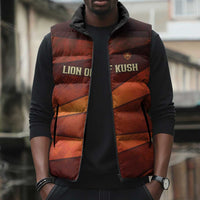Taharqa Sleeveless Puffer Jacket with Warrior Portrait, Lion of Kush Title and Bold Red Defender of Africa - Wonder Print Shop