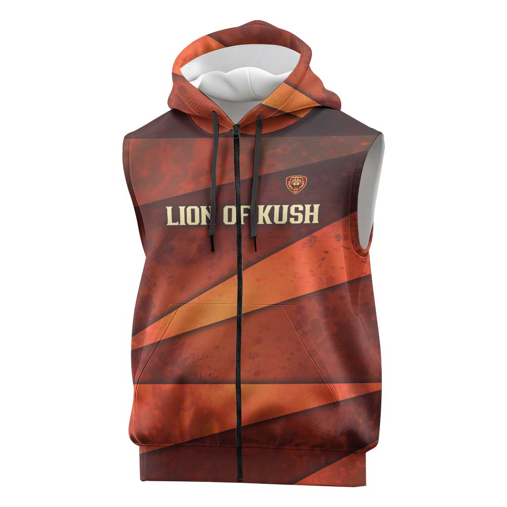 Taharqa Sleeveless Zip Hoodie with Warrior Portrait, Lion of Kush Title and Bold Red Defender of Africa - Wonder Print Shop