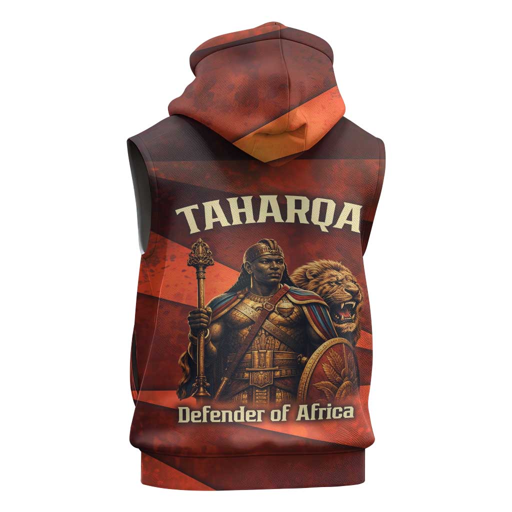 Taharqa Sleeveless Zip Hoodie with Warrior Portrait, Lion of Kush Title and Bold Red Defender of Africa - Wonder Print Shop