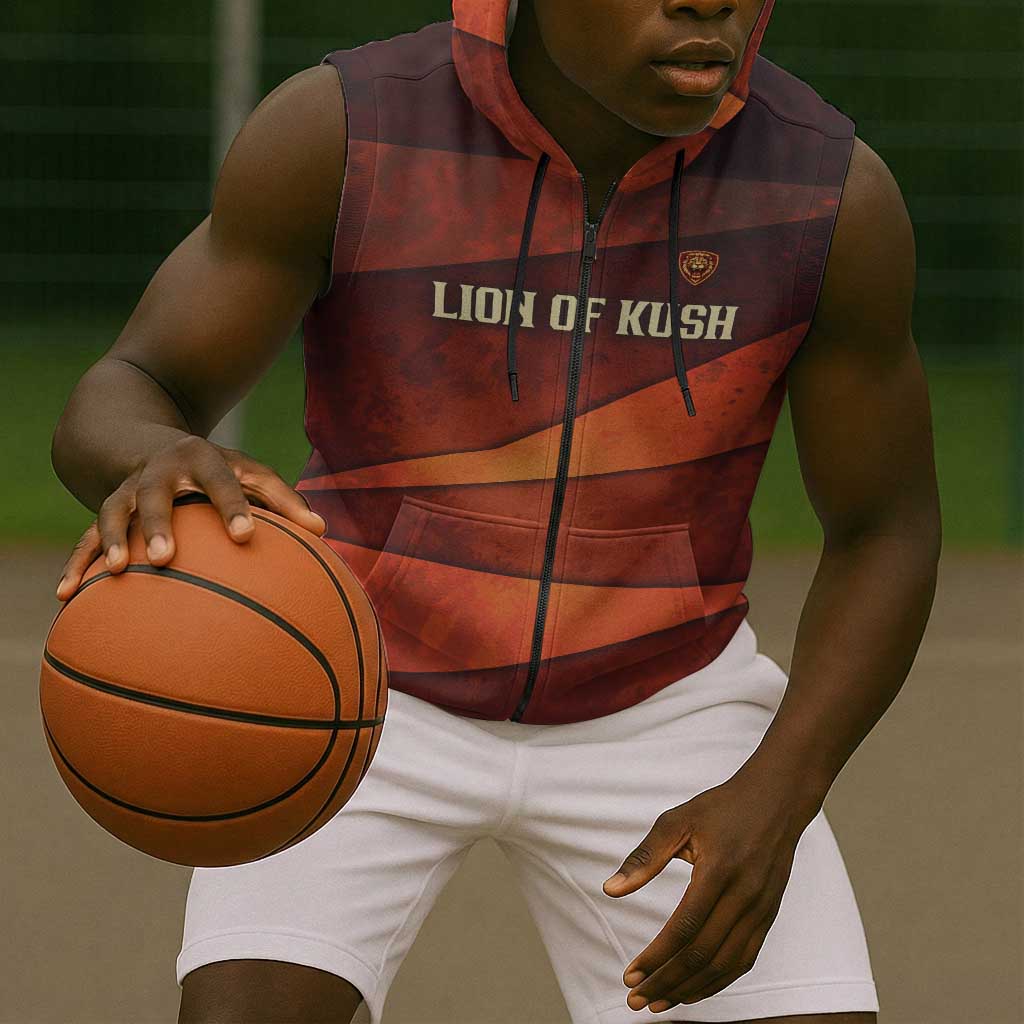 Taharqa Sleeveless Zip Hoodie with Warrior Portrait, Lion of Kush Title and Bold Red Defender of Africa - Wonder Print Shop