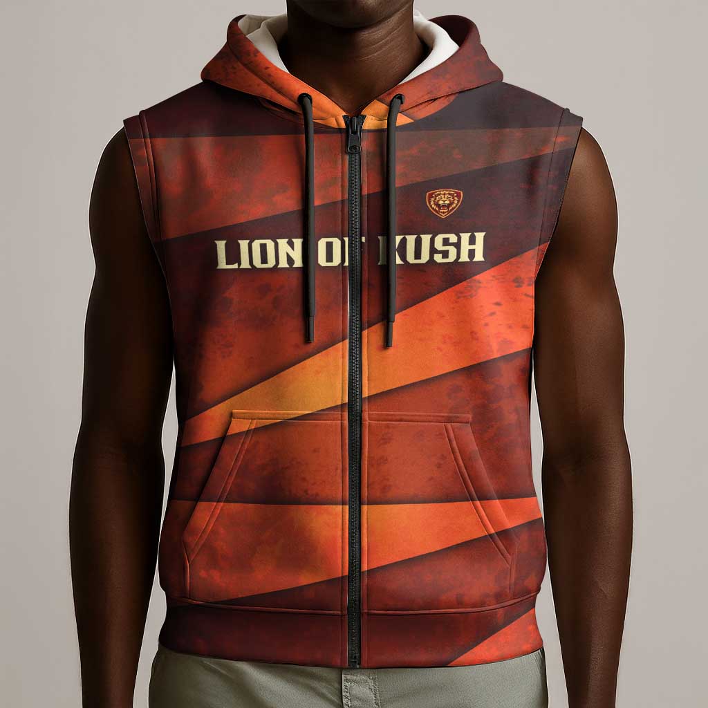 Taharqa Sleeveless Zip Hoodie with Warrior Portrait, Lion of Kush Title and Bold Red Defender of Africa - Wonder Print Shop