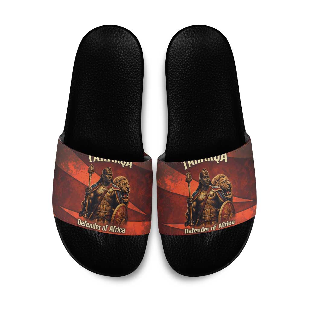 Taharqa Slide Sandals with Warrior Portrait, Lion of Kush Title and Bold Red Defender of Africa - Wonder Print Shop