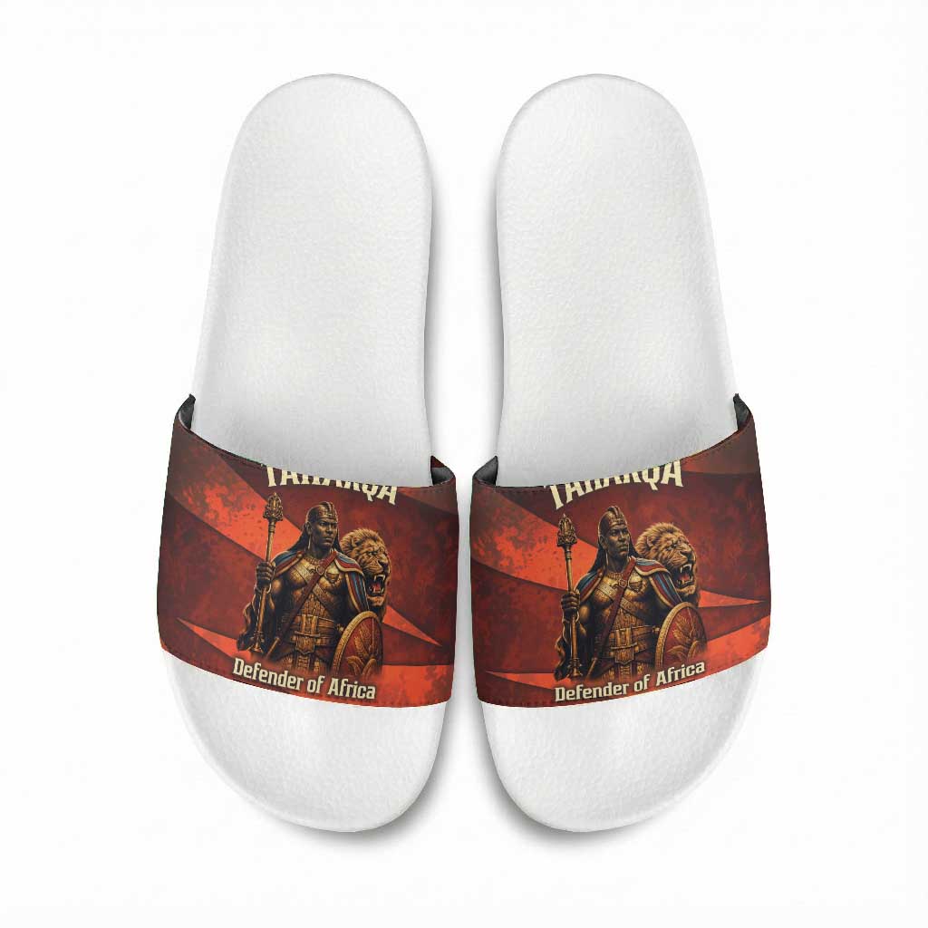 Taharqa Slide Sandals with Warrior Portrait, Lion of Kush Title and Bold Red Defender of Africa - Wonder Print Shop