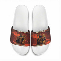 Taharqa Slide Sandals with Warrior Portrait, Lion of Kush Title and Bold Red Defender of Africa - Wonder Print Shop