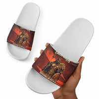 Taharqa Slide Sandals with Warrior Portrait, Lion of Kush Title and Bold Red Defender of Africa - Wonder Print Shop