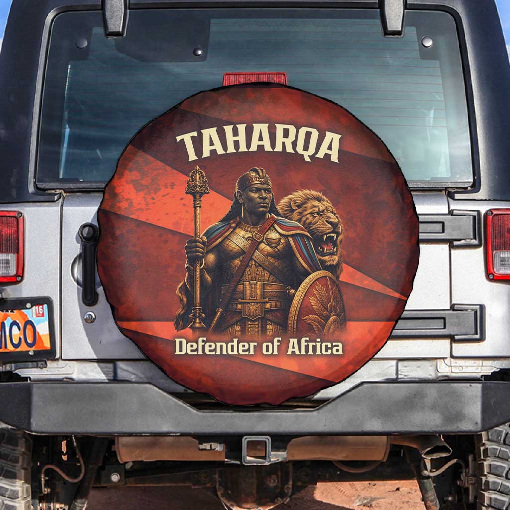 Taharqa Spare Tire Cover with Warrior Portrait, Lion of Kush Title and Bold Red Defender of Africa - Wonder Print Shop