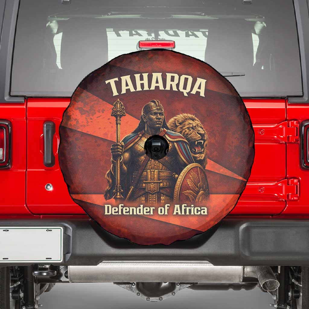 Taharqa Spare Tire Cover with Warrior Portrait, Lion of Kush Title and Bold Red Defender of Africa - Wonder Print Shop