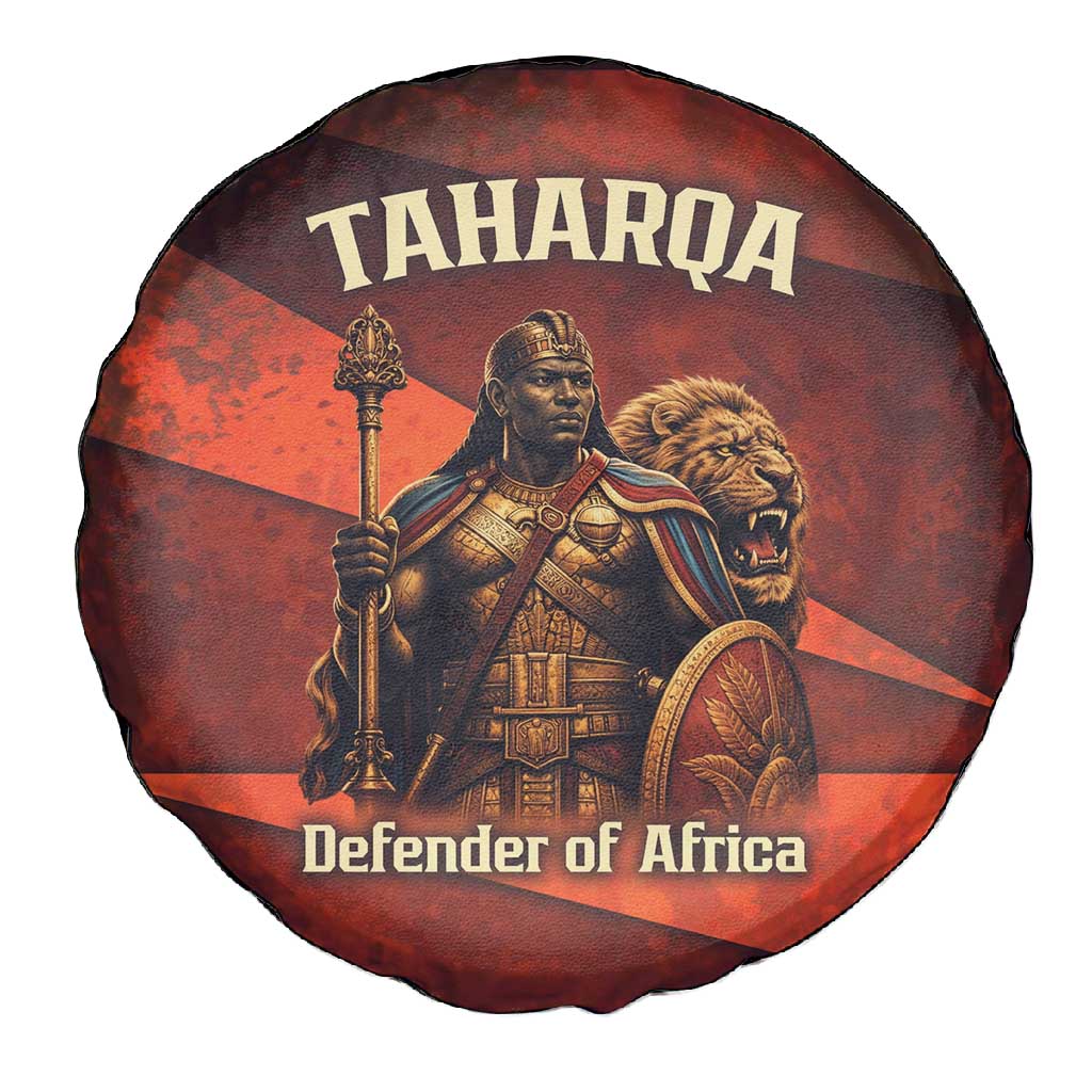Taharqa Spare Tire Cover with Warrior Portrait, Lion of Kush Title and Bold Red Defender of Africa - Wonder Print Shop