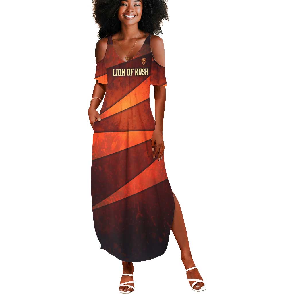 Taharqa Summer Maxi Dress with Warrior Portrait, Lion of Kush Title and Bold Red Defender of Africa - Wonder Print Shop