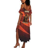 Taharqa Summer Maxi Dress with Warrior Portrait, Lion of Kush Title and Bold Red Defender of Africa - Wonder Print Shop
