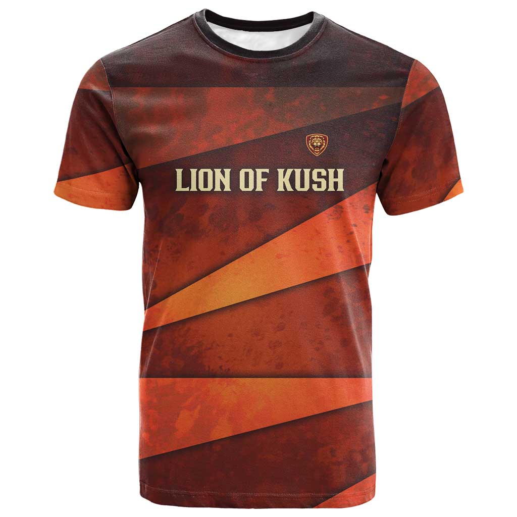 Taharqa T shirt with Warrior Portrait, Lion of Kush Title and Bold Red Defender of Africa - Wonder Print Shop