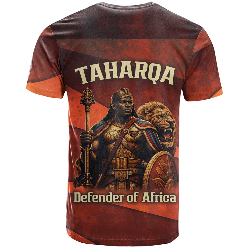 Taharqa T shirt with Warrior Portrait, Lion of Kush Title and Bold Red Defender of Africa - Wonder Print Shop